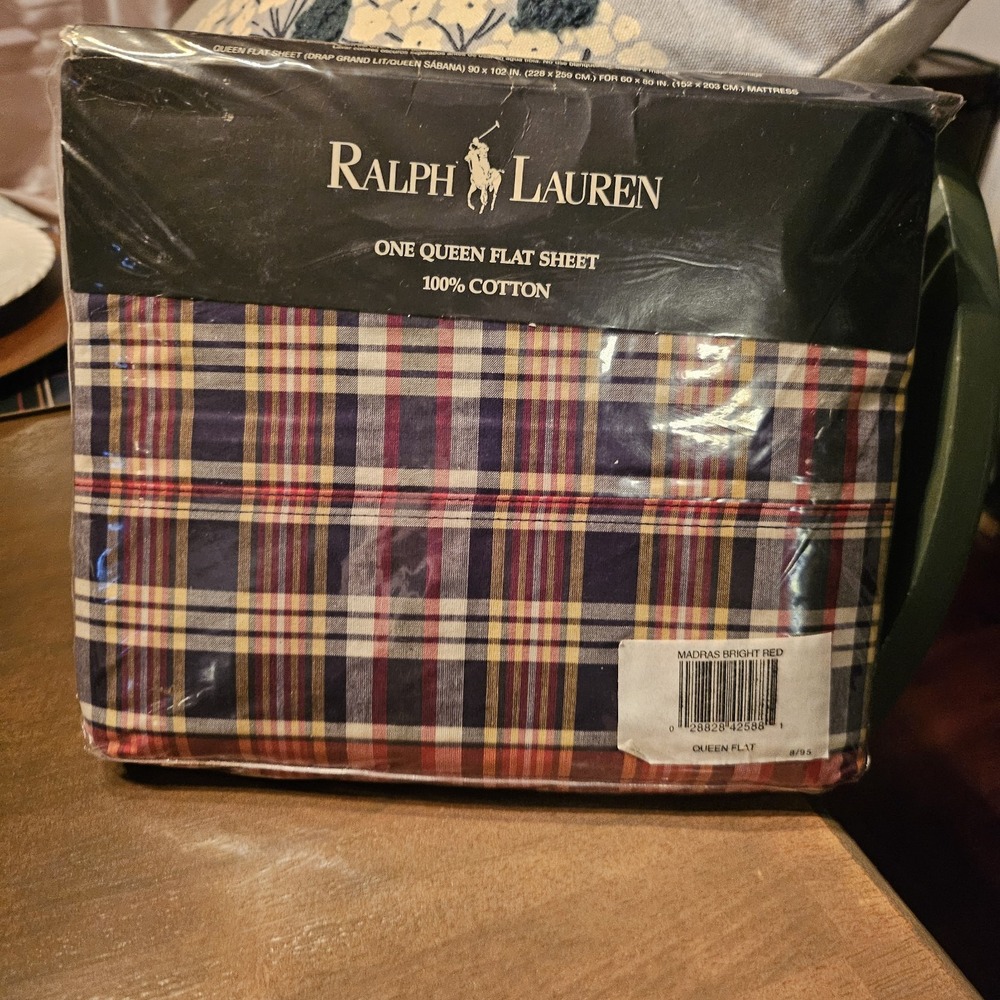 Vintage Ralph Lauren Madras Bright Red Plaid Kennebunkport Queen Size Flat Sheet